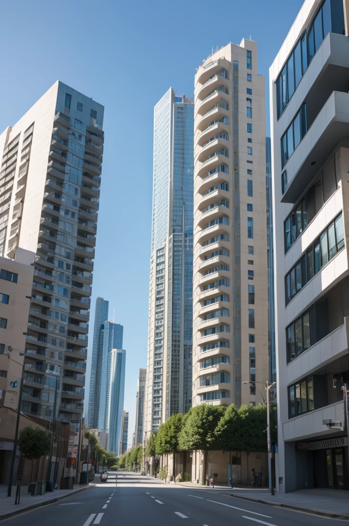 Make me a set of postmodern buildings lining an avenue