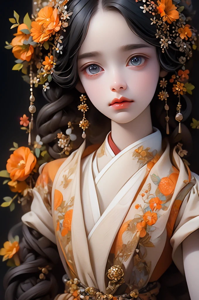 absurd, high resolution, Extremely detailed, 1 Girl, Solitary, Extremely detailed eyes, starfish, seashell, shell, flower, have, Hair accessories, Jewelry, straw have, Looking at the audience, sunglasses, have flower, straw, Hairpin, earrings, red flower, have色眼镜, yellow flower, Bangs, English text, Colorful hair, orange flower, Black Hair, ring, cup, Long hair, orange-have色眼镜, food, Brown hair, portrait, shell Hair accessories