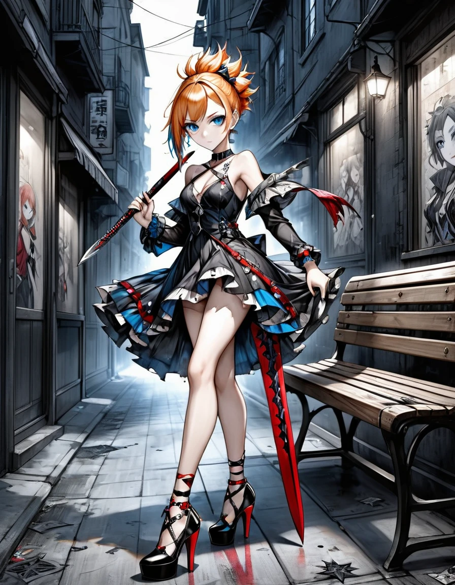 bleach style anime Nami + Serious Harlequin with straight mohawk hair dress in thin V cuts patterned stars ripped high heels walking on a dark gloomy street scared with a red sword in her hand style photo realism, fully detailed drawing in black and monochromatic bench and only the strong blue eyes