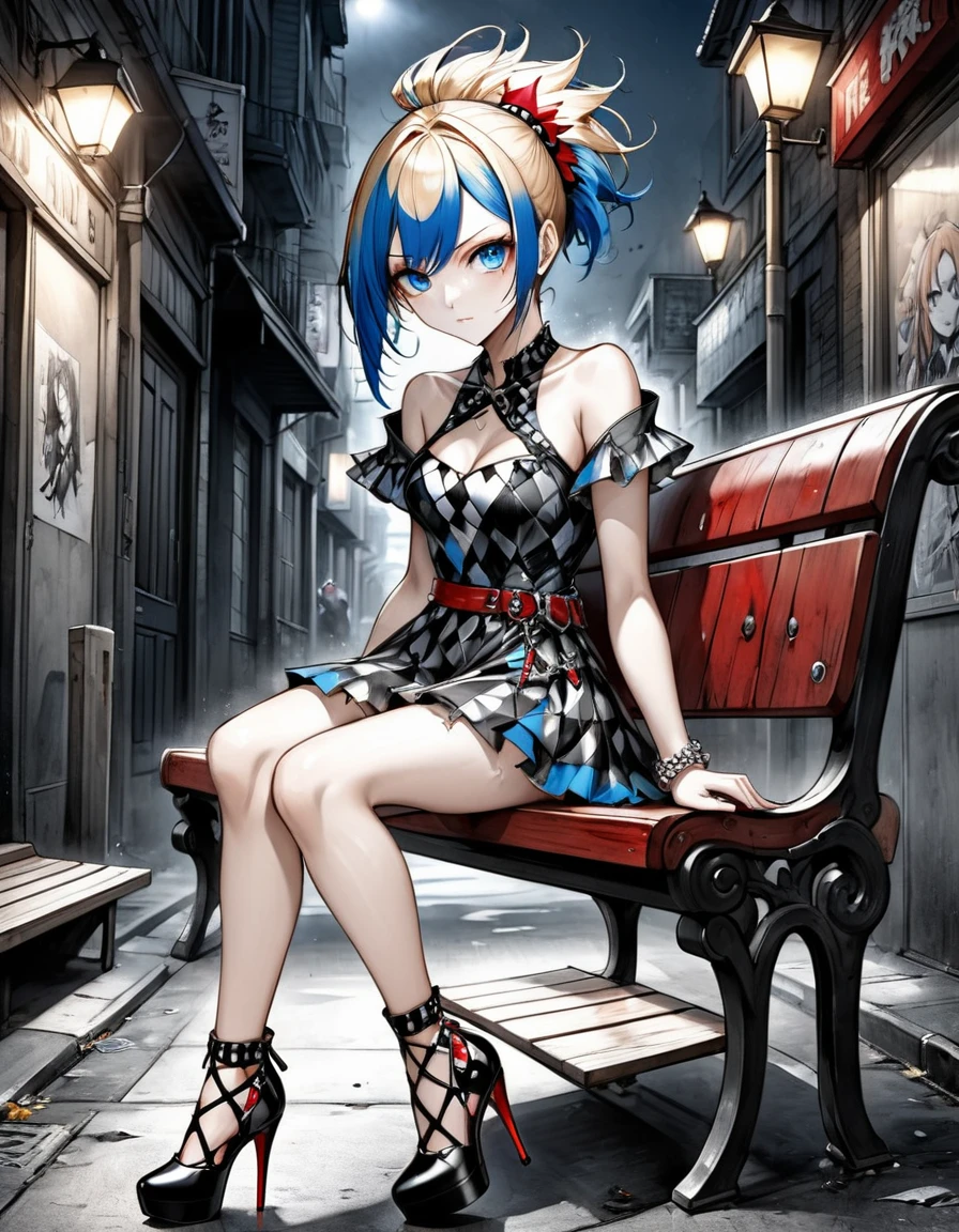 bleach style anime Nami + Serious Harlequin with straight mohawk hair dress in thin V cuts patterned stars ripped high heels walking on a dark gloomy street scared with a red sword in her hand style photo realism, fully detailed drawing in black and monochromatic bench and only the strong blue eyes 