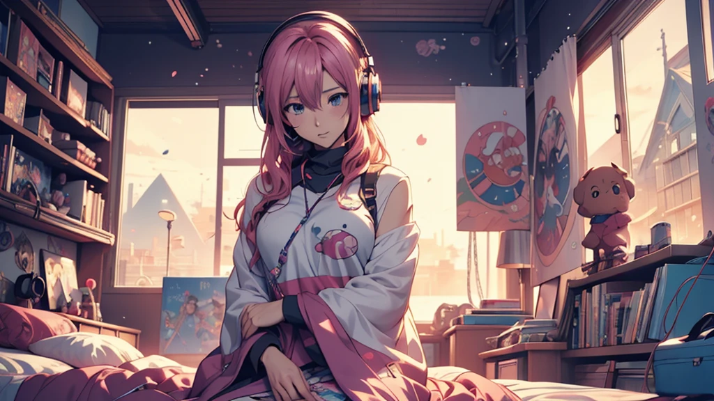 Woman wearing headphones, Anime Style 4 k, anime wallpaper 4k, anime wallpaper 4k, 4k anime wallpaper, anime art wallpaper 4k, anime art wallpaper 4k, Anime Style. 8K, Anime atmosphere, , Ultra HD Anime Wallpaper, Anime Art Wallpaper 8K, Anime Background,landscape、far away、music、room