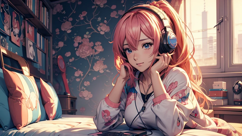 Woman wearing headphones, Anime Style 4 k, anime wallpaper 4k, anime wallpaper 4k, 4k anime wallpaper, anime art wallpaper 4k, anime art wallpaper 4k, Anime Style. 8K, Anime atmosphere, , Ultra HD Anime Wallpaper, Anime Art Wallpaper 8K, Anime Background,landscape、far away、music、room