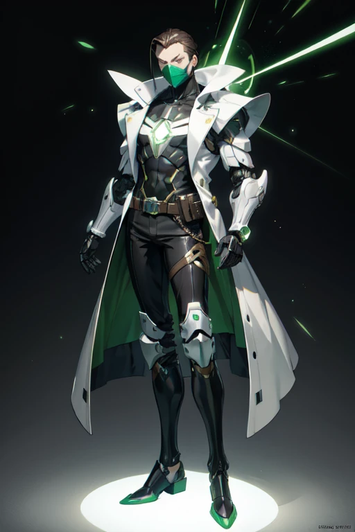 ((best quality)), ((masterpiece)), (detailed), 1 man, full body, 30s, masked, long brown hair slicked back, white mask with green details, small diamond on forehead, glowing green eyes, black collar, tall, thin, long green trench coat, open trench coat showing his chest, black gloves, grey wristbands, nanotech suit, white shirt, dark grey suit vest, , black pants, grey knee pads, metallic black shoes, superhero belt, robot army behind him, green flashes of light, dark laboratory background, anime