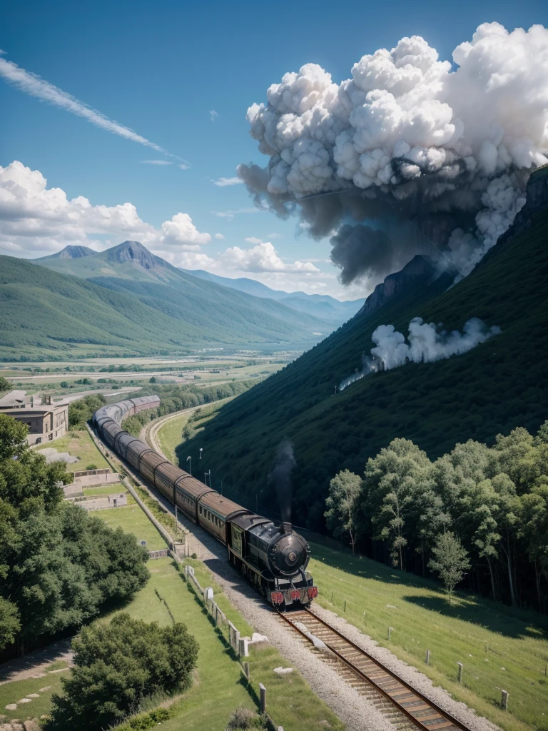 Create a train with chrome parts, moving image, light background, Art Canvas, steam locomotive artistic painting. exuberante, impressive. blue sky. day Of course. Green mountain in the background. Stone wall near the train.