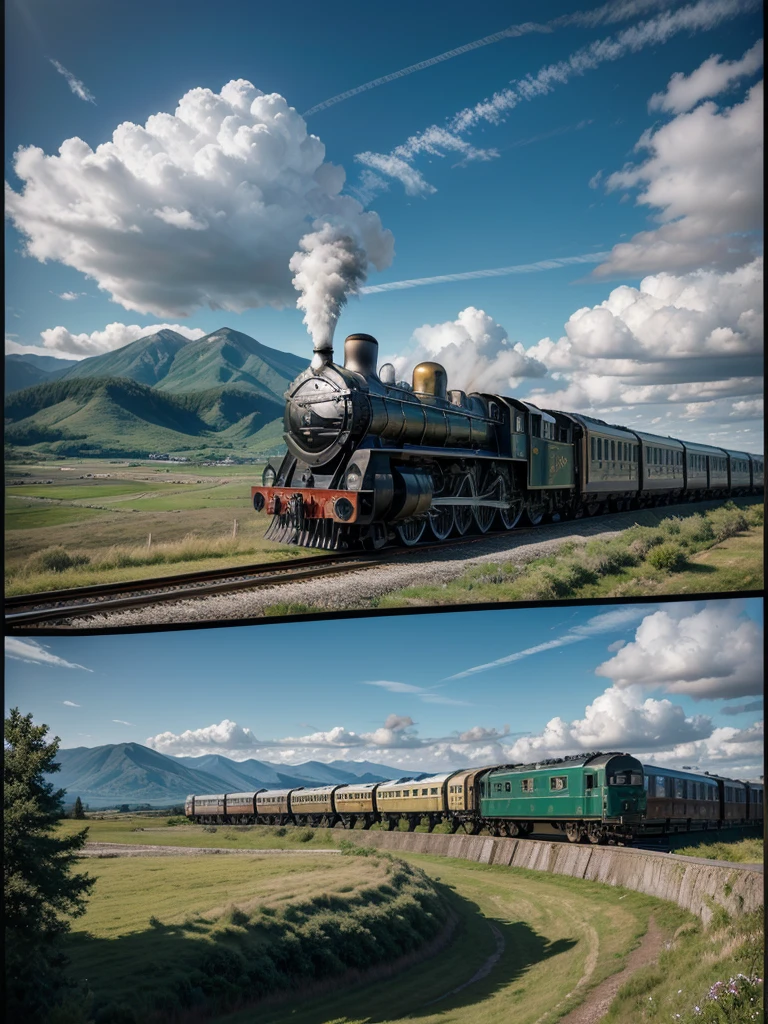 Create a train with chrome parts, moving image, light background, Art Canvas, steam locomotive artistic painting. exuberante, impressive. blue sky. day Of course. Green mountain in the background. Stone wall near the train.