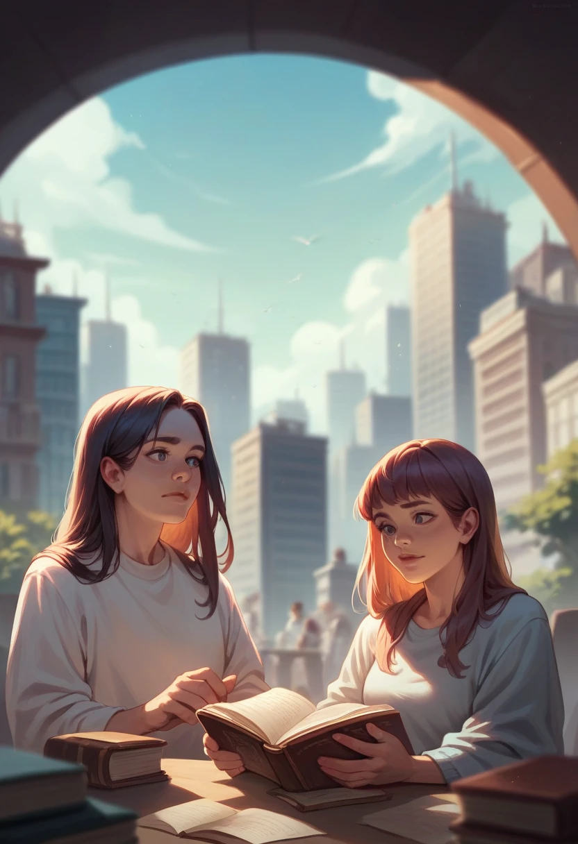 Two hands holding an open book, A planet shaped like a lamp came out of the book., city background with people, blurred background, realistic image.