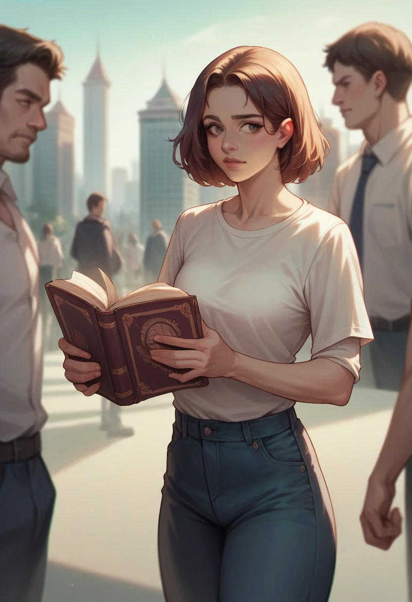 Two hands holding an open book, A planet shaped like a lamp came out of the book., city background with people, blurred background, realistic image.