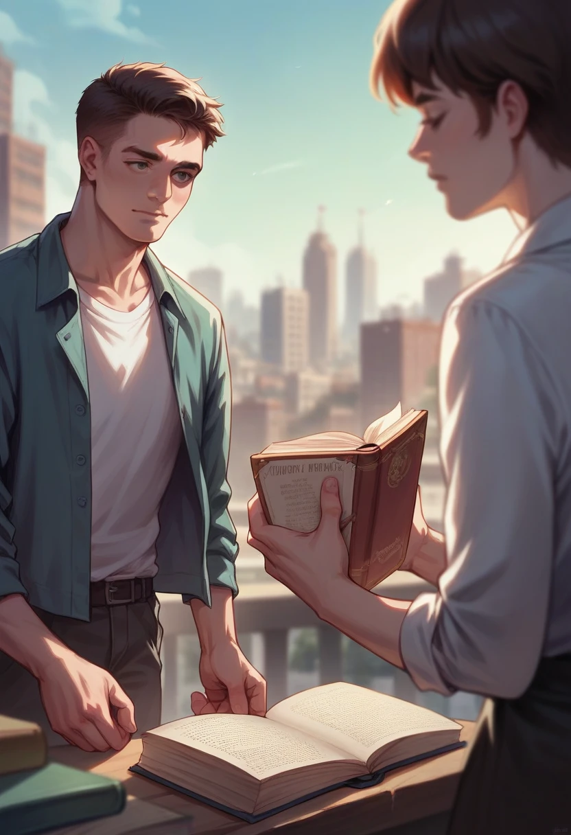 Two hands holding an open book, A planet shaped like a lamp came out of the book., city background with people, blurred background, realistic image.