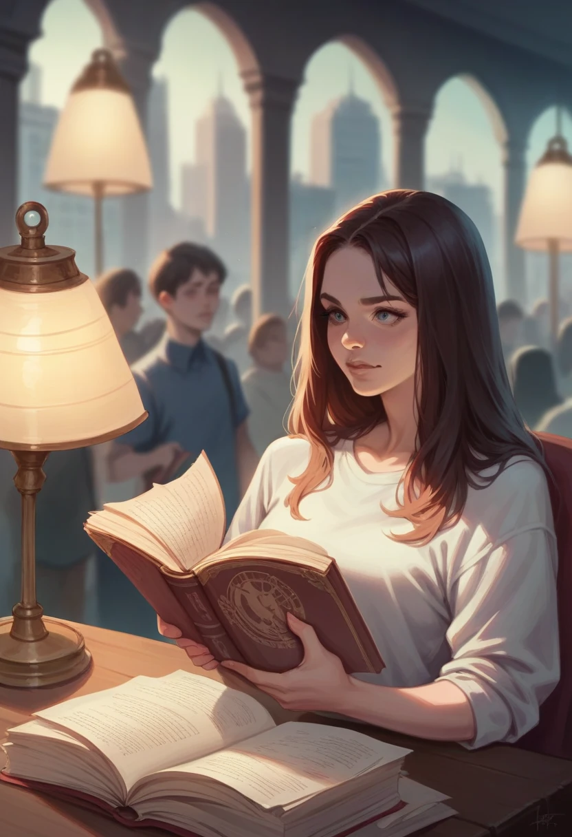 Two hands holding an open book, A planet shaped like a lamp came out of the book., city background with people, blurred background, realistic image.