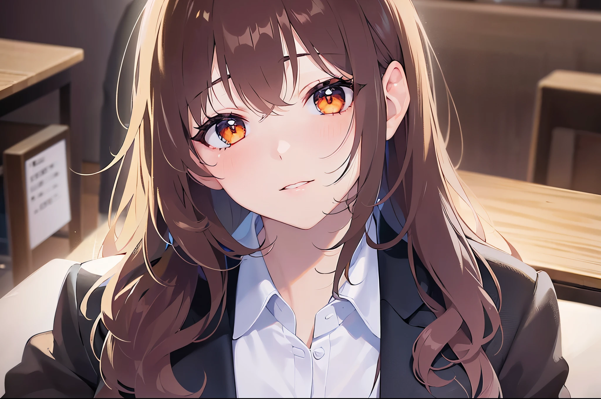 Shooting from above、head tilt,looking at viewer, Realistic, real person, (pale skin: 1.2), RAW photo, photorealistic, shiny skin, shiny hair、 (A 35-year-old woman with medium-length hair and bangs) and (wavy hair) and (brown hair) and (Orange Eyes) (Wearing a business suit:1.5) and (Wearing a white collared shirt) 、（blush:1.5),The background is the interior of a restaurant at night.、Wearing a black jacket