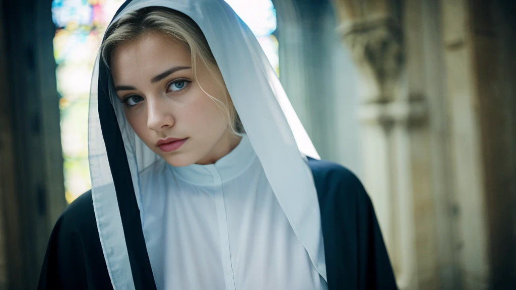 Beautiful blonde with big breasts dressed as a nun (Depressed in a dark church),,Very detailed, 21 years old, Innocent face, Naturally Wavy Hair, blue eyes, High resolution, masterpiece, Highest quality, Intricate details, Very detailed, Clear focus, Delicate skin, practical skin texture, texture, Delicate eyes, Professional, 4K, Sad crying face, Shot with Canon, 85mm, Shallow and deep,  Kodak Vision Color, Exactly, Very detailed, photograph_\(Extremist\), photographpractical, practical, Post-processing, Maximum details, Roughness, Real Life, Extremist practical, Photorealism, photographgraphy, 8K Ultra HD, photographgraphy