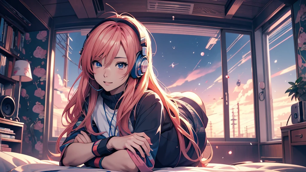 Woman wearing headphones, Anime Style 4 k, anime wallpaper 4k, anime wallpaper 4k, 4k anime wallpaper, anime art wallpaper 4k, anime art wallpaper 4k, Anime Style. 8K, Anime atmosphere, , Ultra HD Anime Wallpaper, Anime Art Wallpaper 8K, Anime Background,landscape、far away、music、room