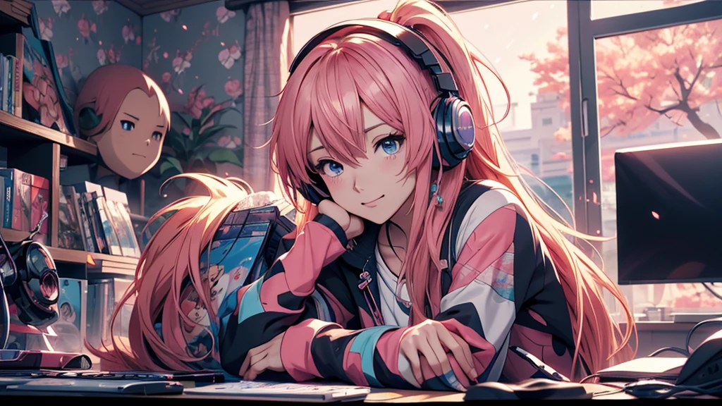 Woman wearing headphones, Anime Style 4 k, anime wallpaper 4k, anime wallpaper 4k, 4k anime wallpaper, anime art wallpaper 4k, anime art wallpaper 4k, Anime Style. 8K, Anime atmosphere, , Ultra HD Anime Wallpaper, Anime Art Wallpaper 8K, Anime Background,landscape、far away、music、room