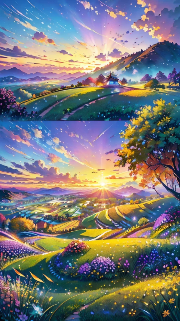 (Highest quality,High resolution,masterpiece:1.2),Super detailed,Realistic:1.37,Beautiful images,Flower Field,sunsetの景色,Low angle view,Focus on the flowers and grass,sunsetの色,Vibrant colors,Warm tones,Soft lighting,Subtle Shadows,Paint-like rendering,Impressionist style,野のFlower Field,swaying grass,Peaceful atmosphere,sunset,Serene atmosphere,Quiet environment,Immersive perspective,Natural beauty,Breathtaking views.16K, 超High resolution, 超High resolution, born,Fantastic ,future、Shining in rainbow colors、The world 30 years from now。