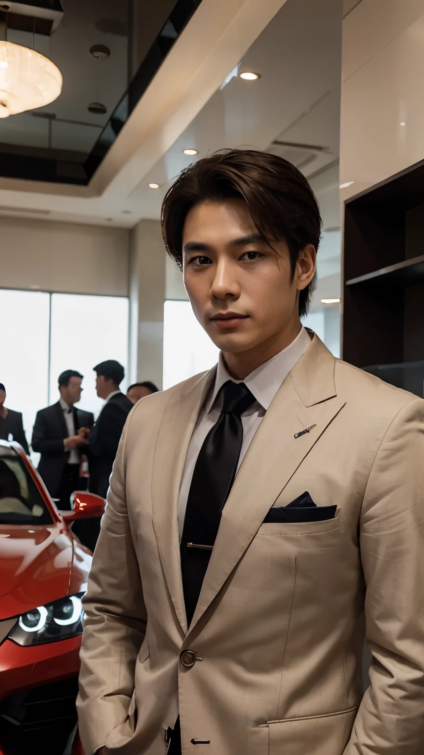 luxury,High-end feeling,A handsome, rich Korean man in casual clothes、Standing facing the camera with a red supercar behind him。, Tie and businessman hairstyle, Successful people, Illuminated by lights, Luxurious lobby background,Film Stock Photos,Looking into the camera