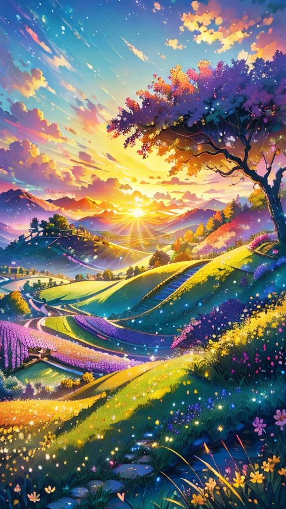 (Highest quality,High resolution,masterpiece:1.2),Super detailed,Realistic:1.37,Beautiful images,Flower Field,sunsetの景色,Low angle view,Focus on the flowers and grass,sunsetの色,Vibrant colors,Warm tones,Soft lighting,Subtle Shadows,Paint-like rendering,Impressionist style,野のFlower Field,swaying grass,Peaceful atmosphere,sunset,Serene atmosphere,Quiet environment,Immersive perspective,Natural beauty,Breathtaking views.16K, 超High resolution, 超High resolution, born,Fantastic ,future、Shining in rainbow colors、The world 30 years from now。