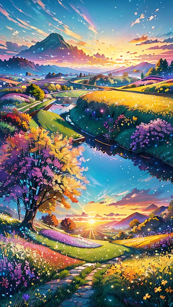 (Highest quality,High resolution,masterpiece:1.2),Super detailed,Realistic:1.37,Beautiful images,Flower Field,sunsetの景色,Low angle view,Focus on the flowers and grass,sunsetの色,Vibrant colors,Warm tones,Soft lighting,Subtle Shadows,Paint-like rendering,Impressionist style,野のFlower Field,swaying grass,Peaceful atmosphere,sunset,Serene atmosphere,Quiet environment,Immersive perspective,Natural beauty,Breathtaking views.16K, 超High resolution, 超High resolution, born,Fantastic ,future、Shining in rainbow colors、The world 30 years from now。