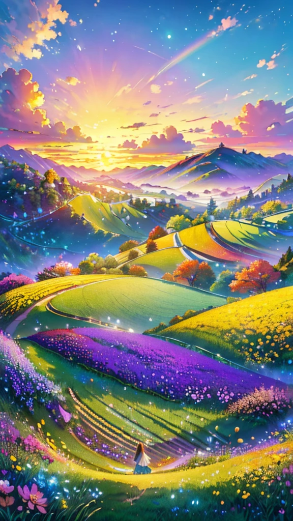 (Highest quality,High resolution,masterpiece:1.2),Super detailed,Realistic:1.37,Beautiful images,Flower Field,sunsetの景色,Low angle view,Focus on the flowers and grass,sunsetの色,Vibrant colors,Warm tones,Soft lighting,Subtle Shadows,Paint-like rendering,Impressionist style,野のFlower Field,swaying grass,Peaceful atmosphere,sunset,Serene atmosphere,Quiet environment,Immersive perspective,Natural beauty,Breathtaking views.16K, 超High resolution, 超High resolution, born,Fantastic ,future、Shining in rainbow colors、The world 30 years from now。