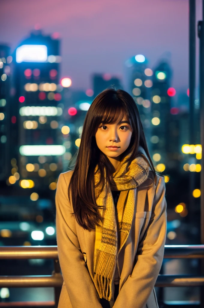 A realistic, photo-style image of a beautiful 20-year-old Japanese woman standing outside at night in an urban setting. She has long, straight hair with bangs and is wearing a Japanese high , consisting of a navy blue blazer, white blouse, and plaid skirt. She is also wearing a cozy, thick scarf in shades of yellow and beige. The background features city lights and blurred buildings, creating a vibrant yet soft bokeh effect that emphasizes her presence. The focus is sharply on her, with the background artistically blurred. Her expression is calm and slightly pensive, capturing a moment of quiet reflection amidst the bustling cityscape. The overall scene conveys a sense of warmth and serenity against the lively urban backdrop.
