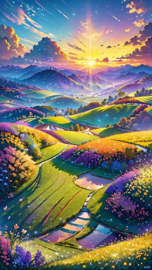 (Highest quality,High resolution,masterpiece:1.2),Super detailed,Realistic:1.37,Beautiful images,Flower Field,sunsetの景色,Low angle view,Focus on the flowers and grass,sunsetの色,Vibrant colors,Warm tones,Soft lighting,Subtle Shadows,Paint-like rendering,Impressionist style,野のFlower Field,swaying grass,Peaceful atmosphere,sunset,Serene atmosphere,Quiet environment,Immersive perspective,Natural beauty,Breathtaking views.16K, 超High resolution, 超High resolution, born,Fantastic ,future、Shining in rainbow colors、The world 30 years from now。