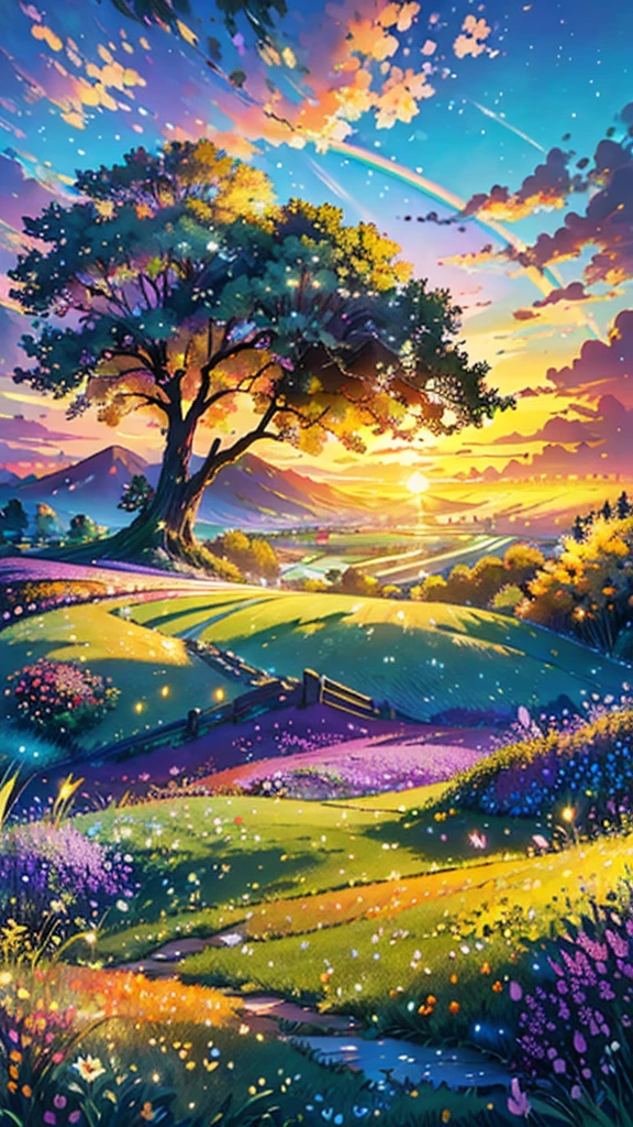 (Highest quality,High resolution,masterpiece:1.2),Super detailed,Realistic:1.37,Beautiful images,Flower Field,sunsetの景色,Low angle view,Focus on the flowers and grass,sunsetの色,Vibrant colors,Warm tones,Soft lighting,Subtle Shadows,Paint-like rendering,Impressionist style,野のFlower Field,swaying grass,Peaceful atmosphere,sunset,Serene atmosphere,Quiet environment,Immersive perspective,Natural beauty,Breathtaking views.16K, 超High resolution, 超High resolution, born,Fantastic ,future、Shining in rainbow colors、The world 30 years from now。