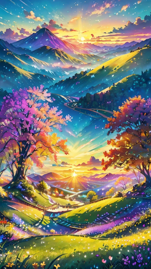 (Highest quality,High resolution,masterpiece:1.2),Super detailed,Realistic:1.37,Beautiful images,Flower Field,sunsetの景色,Low angle view,Focus on the flowers and grass,sunsetの色,Vibrant colors,Warm tones,Soft lighting,Subtle Shadows,Paint-like rendering,Impressionist style,野のFlower Field,swaying grass,Peaceful atmosphere,sunset,Serene atmosphere,Quiet environment,Immersive perspective,Natural beauty,Breathtaking views.16K, 超High resolution, 超High resolution, born,Fantastic ,future、Shining in rainbow colors、The world 30 years from now。