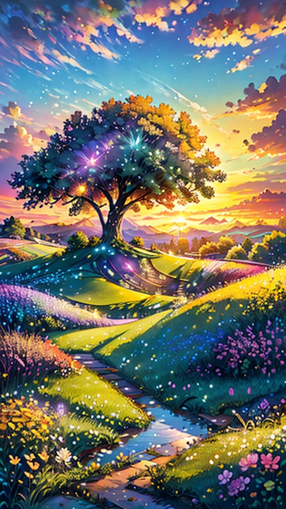 (Highest quality,High resolution,masterpiece:1.2),Super detailed,Realistic:1.37,Beautiful images,Flower Field,sunsetの景色,Low angle view,Focus on the flowers and grass,sunsetの色,Vibrant colors,Warm tones,Soft lighting,Subtle Shadows,Paint-like rendering,Impressionist style,野のFlower Field,swaying grass,Peaceful atmosphere,sunset,Serene atmosphere,Quiet environment,Immersive perspective,Natural beauty,Breathtaking views.16K, 超High resolution, 超High resolution, born,Fantastic ,future、Shining in rainbow colors、The world 30 years from now。