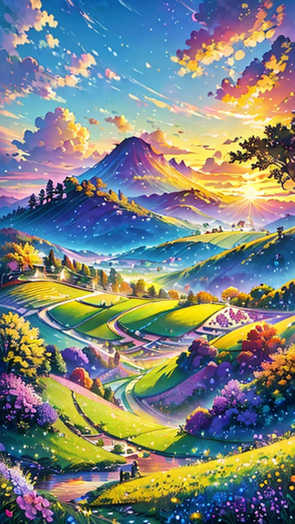 (Highest quality,High resolution,masterpiece:1.2),Super detailed,Realistic:1.37,Beautiful images,Flower Field,sunsetの景色,Low angle view,Focus on the flowers and grass,sunsetの色,Vibrant colors,Warm tones,Soft lighting,Subtle Shadows,Paint-like rendering,Impressionist style,野のFlower Field,swaying grass,Peaceful atmosphere,sunset,Serene atmosphere,Quiet environment,Immersive perspective,Natural beauty,Breathtaking views.16K, 超High resolution, 超High resolution, born,Fantastic ,future、Shining in rainbow colors、The world 30 years from now。
