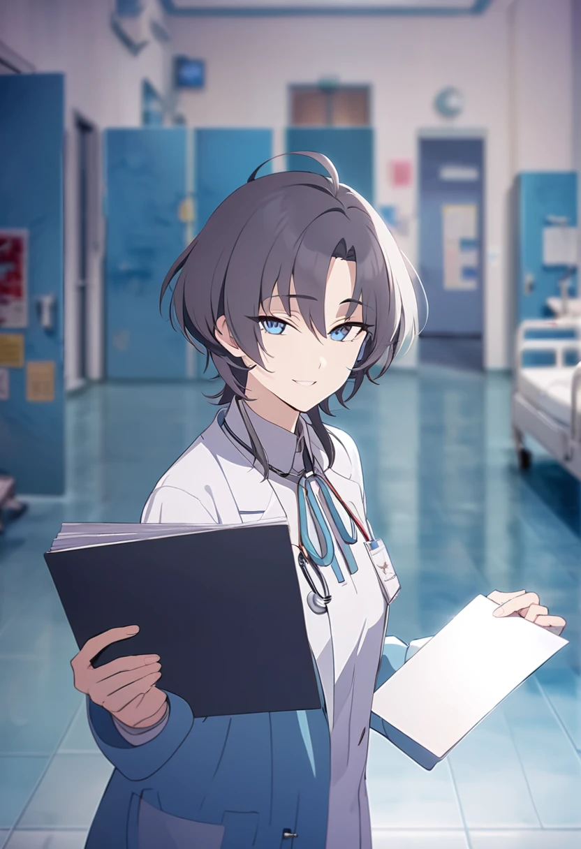 masterpiece,best quality,depth of field,8K,looking at the viewer,dark gray hair,blue eyes,man,Infirmary,hall,holding a document file,doctor gown,smiling,male,(charismatic eyes 1;1),wseifuku,chic