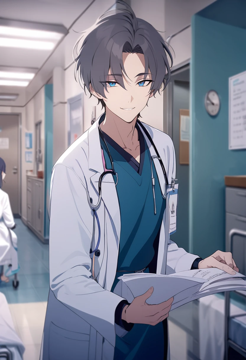 masterpiece,best quality,depth of field,8K,looking at the viewer,dark gray hair,blue eyes,man,Infirmary,hall,holding a document file,doctor gown,smiling,male,(charismatic eyes 1;1),wseifuku,chic