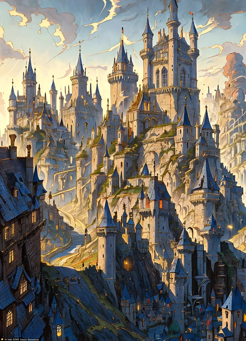 a painting of a city with a castle in the background, a bustling magical town, medeival fantasy town, town background, medieval city, fantasy town setting, fantasy cityscape, townscape, fantasy capital city, medieval city background, fantasy city background, a medieval city, steampunk villages castles, ancient steampunk city, medieval town, 2. 5 d cgi anime fantasy artwork