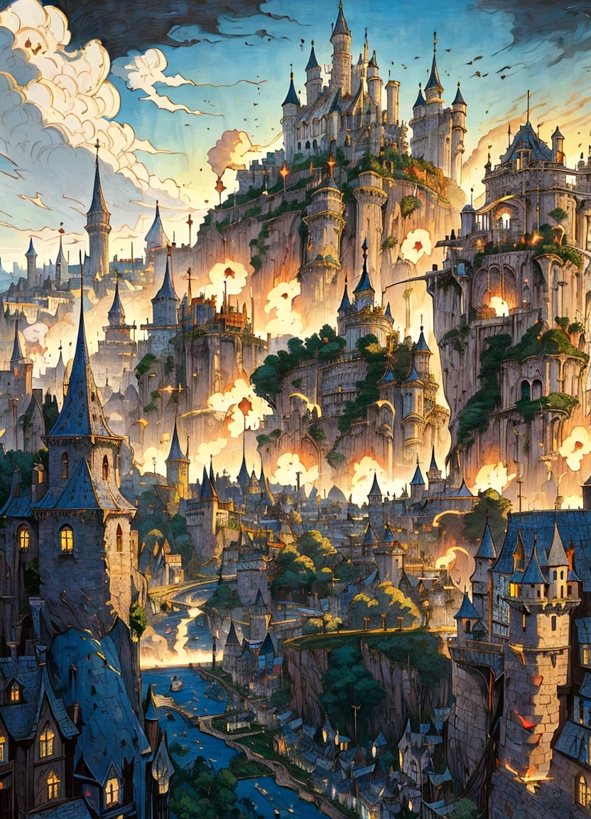 a painting of a city with a castle in the background, a bustling magical town, medeival fantasy town, town background, medieval city, fantasy town setting, fantasy cityscape, townscape, fantasy capital city, medieval city background, fantasy city background, a medieval city, steampunk villages castles, ancient steampunk city, medieval town, 2. 5 d cgi anime fantasy artwork