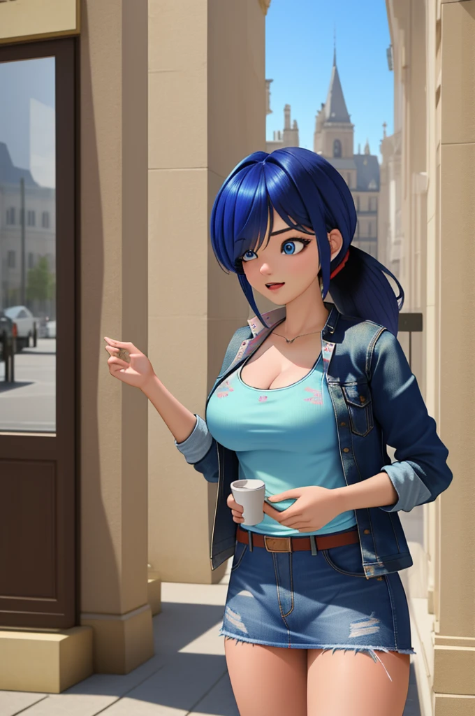 (8k, RAW photo, best quality, masterpiece:1.2), (intricate details), perfect eyes, perfect face, perfect lighting, beautiful, (masterpiece:1.2), (best quality:1.2), 1girl, solo, marinette, blue hair, (( hair in ponytail, bangs over one eye )), adult torso, 19 years old, huge sized breasts, (tank top, denim jacket, blue skirt,) cowboy shot, 3DMM, standing, front view, 