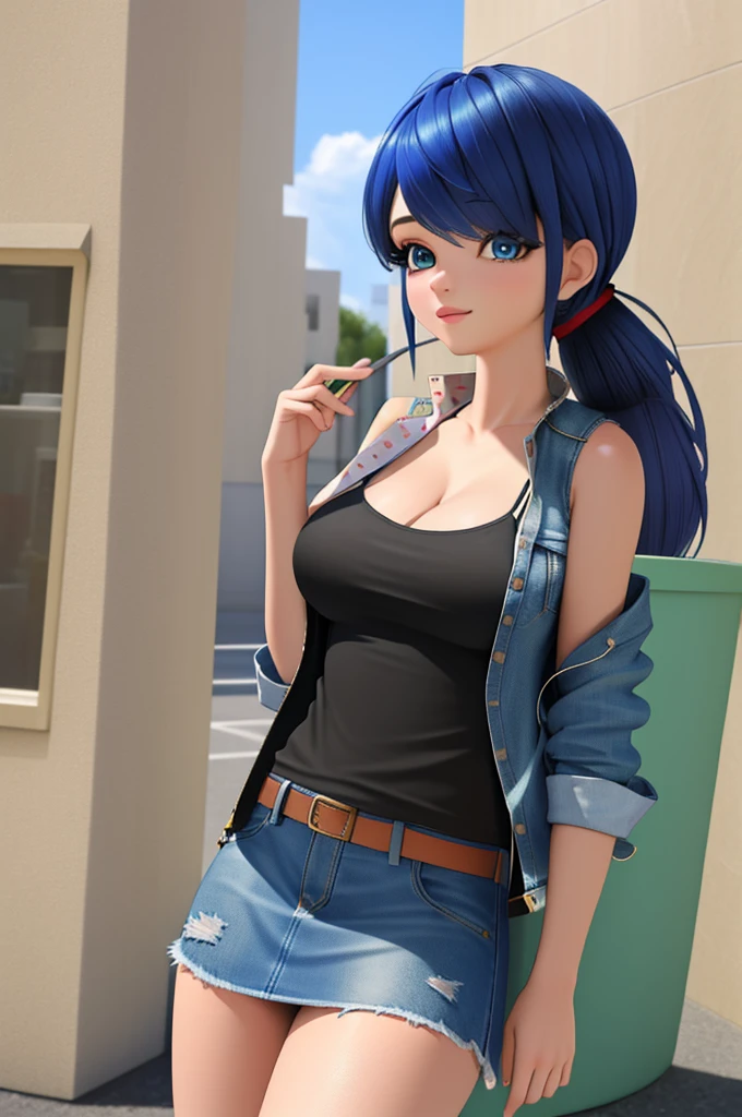 (8k, RAW photo, best quality, masterpiece:1.2), (intricate details), perfect eyes, perfect face, perfect lighting, beautiful, (masterpiece:1.2), (best quality:1.2), 1girl, solo, marinette, blue hair, (( hair in ponytail, bangs over one eye )), adult torso, 19 years old, huge sized breasts, (tank top, denim jacket, blue skirt,) cowboy shot, 3DMM, standing, front view, 