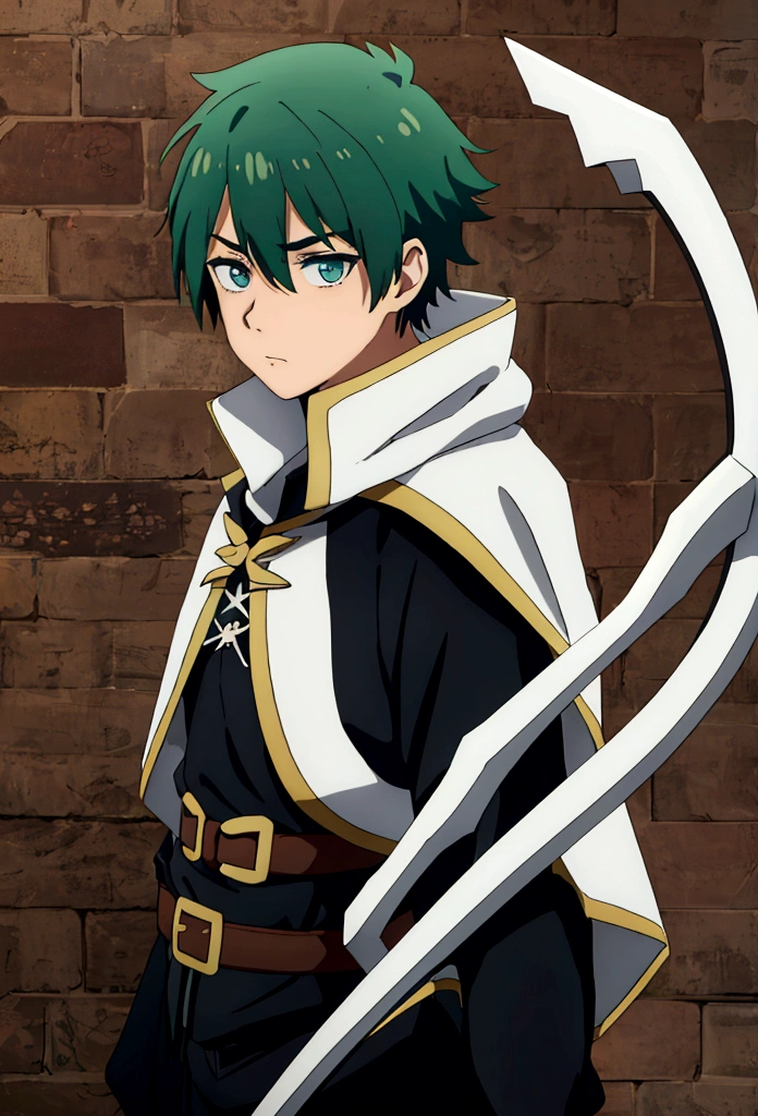 best qualityer, detailded, anime styling, white boy, pine green hair, shorth hair, eye covered with hair, eyes browns, empunhado arco e flecha detailded,best qualityer, detailded, anime styling, white boy, pine green hair, shorth hair, eye covered with hair, eyes browns, empunhado arco e flecha detailded, black outfit white and brown details, , Medieval RPG Theme, archerqueen