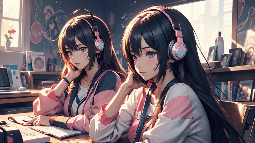 Woman wearing headphones, Anime Style 4 k, anime wallpaper 4k, anime wallpaper 4k, 4k anime wallpaper, anime art wallpaper 4k, anime art wallpaper 4k, Anime Style. 8K, Anime atmosphere, , Ultra HD Anime Wallpaper, Anime Art Wallpaper 8K, Anime Background,landscape、far away、music、room