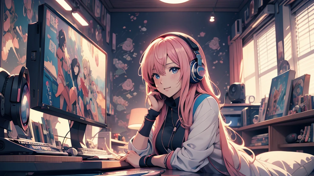 Woman wearing headphones, Anime Style 4 k, anime wallpaper 4k, anime wallpaper 4k, 4k anime wallpaper, anime art wallpaper 4k, anime art wallpaper 4k, Anime Style. 8K, Anime atmosphere, , Ultra HD Anime Wallpaper, Anime Art Wallpaper 8K, Anime Background,landscape、far away、music、room