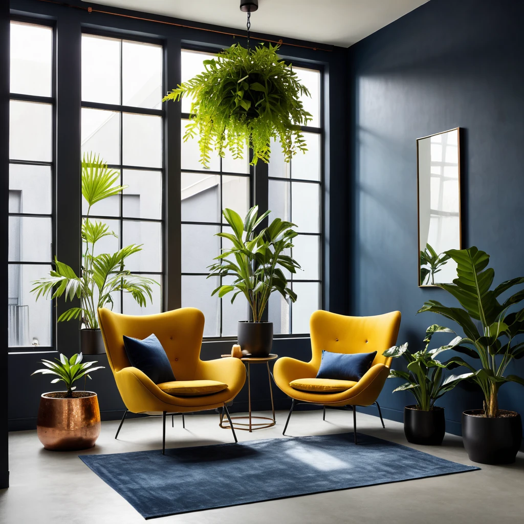 The image features a stylish interior design element with a modern aesthetic. A brightly colored mustard yellow armchair serves as the central object, set against a roughly textured deep blue-grey wall. Beside it, a trio of potted plants adds greenery and a touch of natural ambiance to the scene. The largest pot, sitting in a copper-toned holder on thin black metal legs, houses an intricately leafed small tree, while the other two hold slender, tropical-looking plants. Overhead, a minimalistic black pendant light hangs, casting a soft glow. Sunlight filters through a large window on the right, illuminating the plants and contributing to the serene, relaxed atmosphere.


