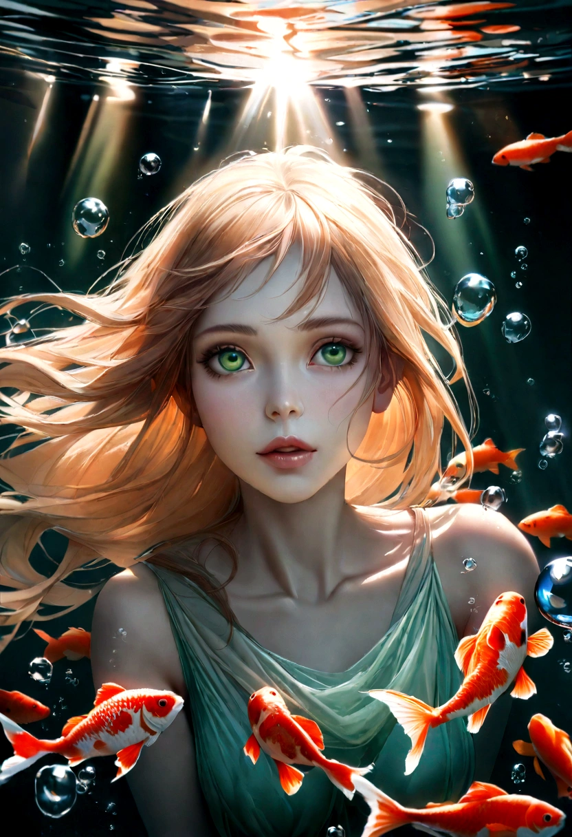 A woman under water looking up through the sun rays. She's reaching up trapped. Bubbles, Koi fish are swimming around. Pale skin and super long flowy ginger hair. Light crystal green eyes. 8k. Hd. Ultra detailed , hyper realistic, realistic skin