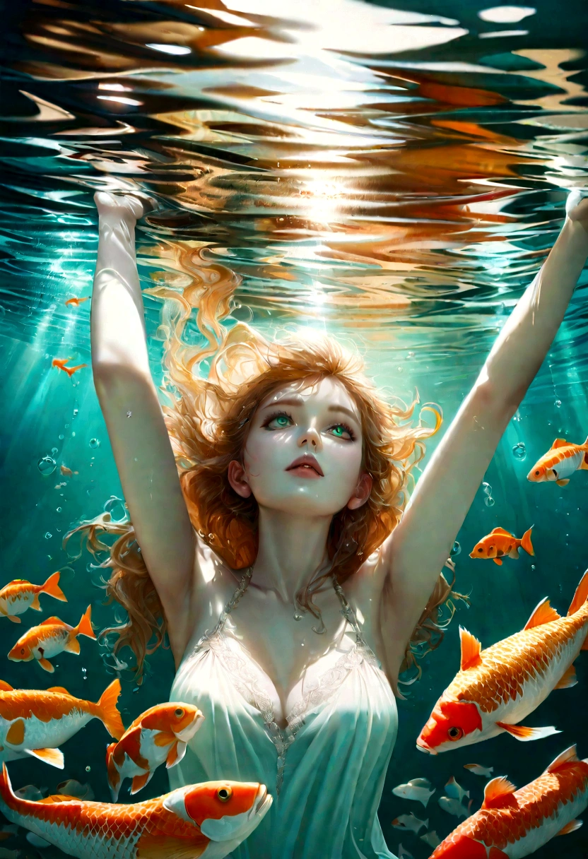 A woman under water looking up through the sun rays. She's reaching up trapped. Bubbles, Koi fish are swimming around. Pale skin and super long flowy ginger hair. Light crystal green eyes. 8k. Hd. Ultra detailed , hyper realistic, realistic skin 