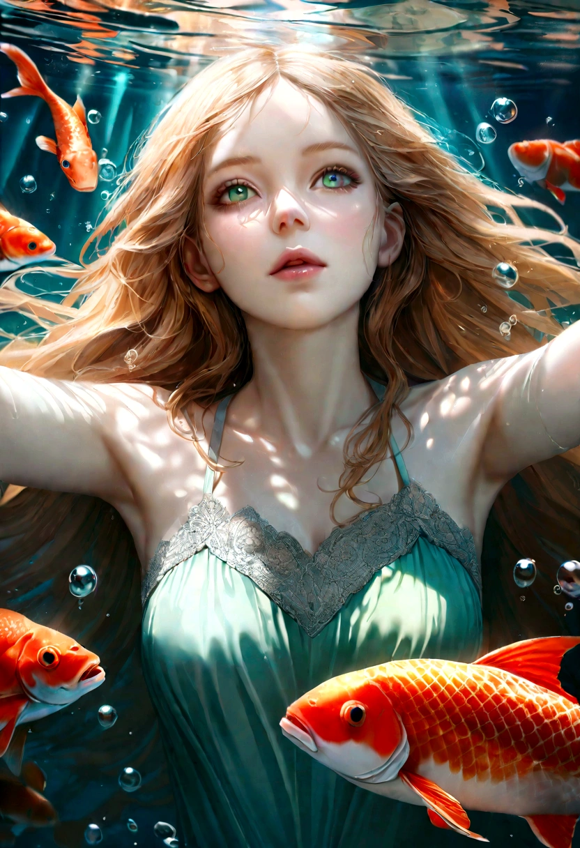 A woman under water looking up through the sun rays. She's reaching up trapped. Bubbles, Koi fish are swimming around. Pale skin and super long flowy ginger hair. Light crystal green eyes. 8k. Hd. Ultra detailed , hyper realistic, realistic skin