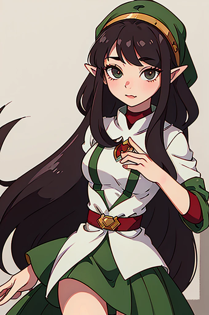 sharp but sweet eyes,Long hair, dark brown hair, green afilate eyes with long eyelashes, full mouth, low height, sinuous hips, lottle-medium , elf ears, red checks natural, sharp but sweet eyes