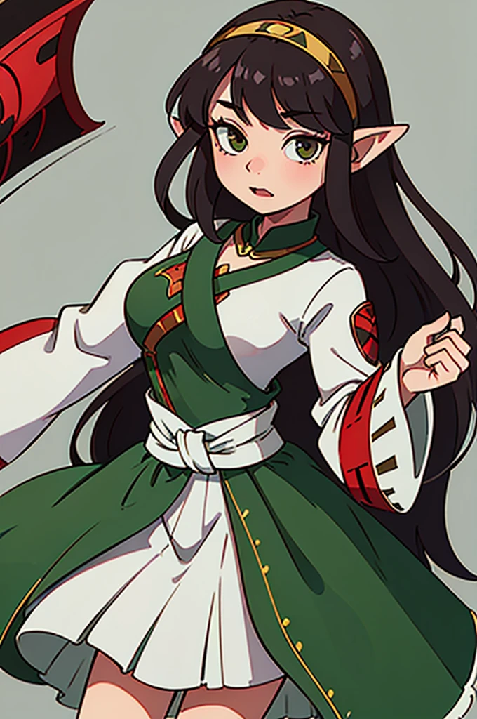 sharp but sweet eyes,Long hair, dark brown hair, green afilate eyes with long eyelashes, full mouth, low height, sinuous hips, lottle-medium , elf ears, red checks natural, sharp but sweet eyes