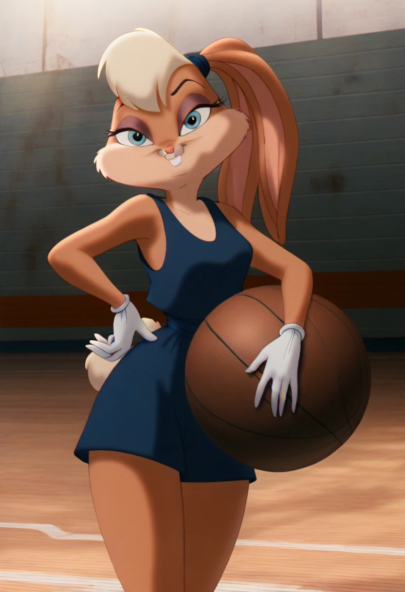 lolabunny, 1girl, solo, furry female, rabbit ears, rabbit girl, animal nose,white gloves,basketball, holding, blue eyes, body fur, standing, tail, buck teeth,cowboy shot,smile,looking at viewer, outdoors, score_9, score_8_up, score_7_up, score_6_up, score_5_up, score_4_up , sexy black gown