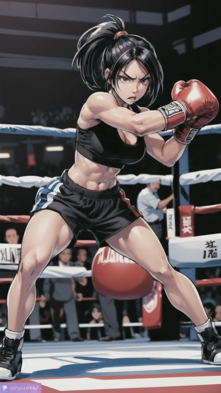 masterpiece, best quality, 1girl, short medium black hair in ponytail, brown eyes, black tank top, medium breasts, black striped shorts, (Text Bubble), comic about boxing match, fight, puched in face, punched in stomach, hurt, pouty face, noxing ring, looking straight at camera, pov, Border, (profiles:0.3), 4 panels,  