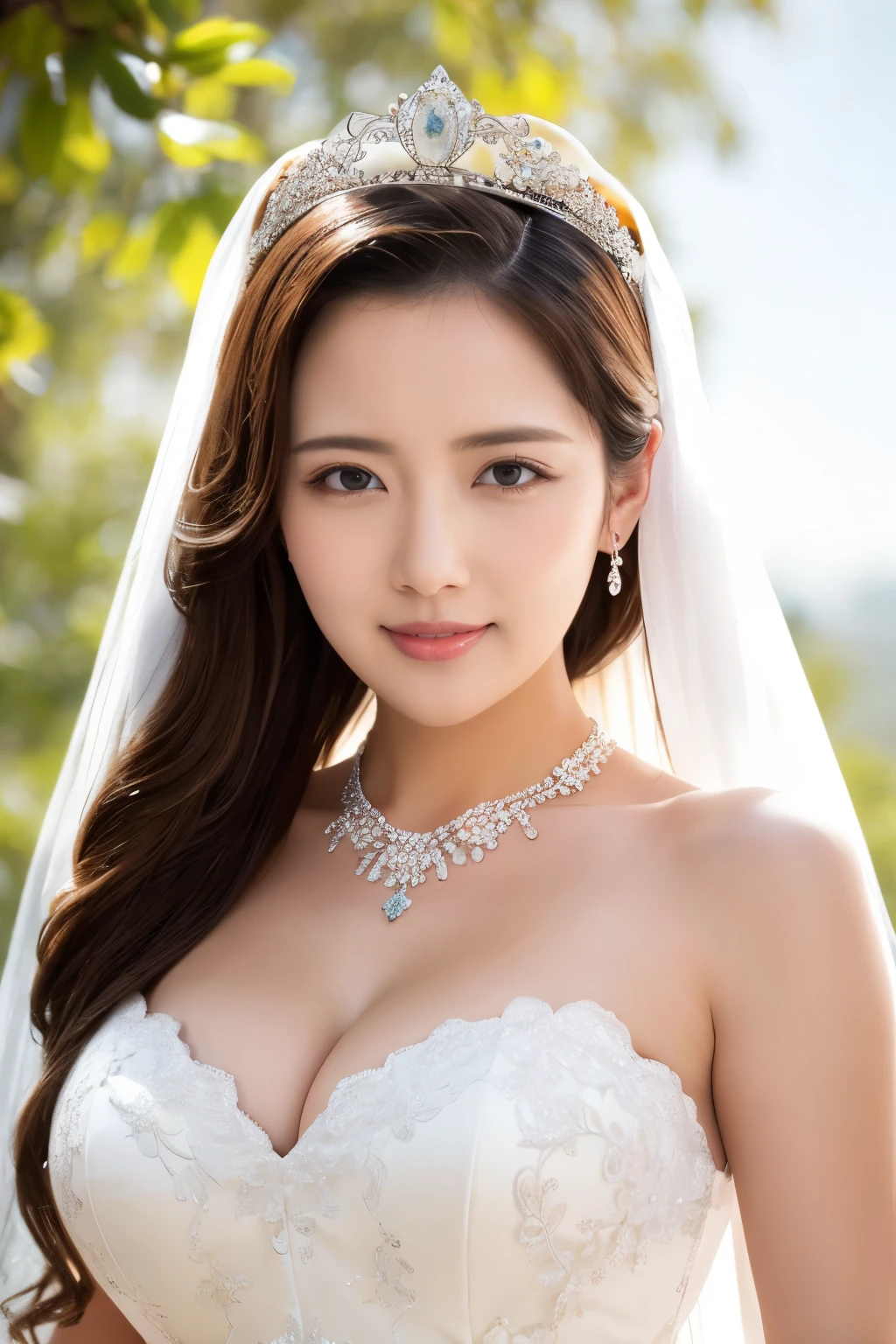 (Highest quality、Tabletop、8K、Best image quality、Award-winning works)、One beautiful bride、(alone:1.1)、(The most extravagant and gorgeous huge pure white wedding dress:1.2)、(Perfect Wedding Lace:1.2)、(The most gorgeous and luxurious giant tiara:1.3)、(The most extravagant and luxurious giant necklace:1.3)、The finest jewellery decoration、Perfect Makeup、Long eyelashes、Ultra HD Shining Eyes、Ultra HD Hair、Ultra-high resolution glossy lips、Super high resolution beautiful face、(Accurate anatomy:1.1)、Very bright and beautiful skin、very bright and vivid、Perfect beautiful bridal hairstyles、(Front facing body:1.1)、(The simplest solid color background:1.1)、(Voluptuous body:1.1)、(Large Breasts:1.1)、(Cleavage:1.1)、smile、Beautiful Teeth