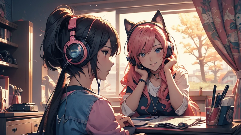 Woman wearing headphones, Anime Style 4 k, anime wallpaper 4k, anime wallpaper 4k, 4k anime wallpaper, anime art wallpaper 4k, anime art wallpaper 4k, Anime Style. 8K, Anime atmosphere, , Ultra HD Anime Wallpaper, Anime Art Wallpaper 8K, Anime Background,landscape、far away、music、room
