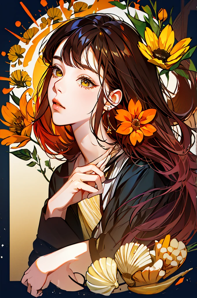 absurd, high resolution, Extremely detailed, 1 Girl, Solitary, Extremely detailed eyes, starfish, seashell, shell, flower, have, Hair accessories, Jewelry, straw have, Looking at the audience, sunglasses, have flower, straw, Hairpin, earrings, red flower, have色眼镜, yellow flower, Bangs, English text, Colorful hair, orange flower, Black Hair, ring, cup, Long hair, orange-have色眼镜, food, Brown hair, portrait, shell Hair accessories