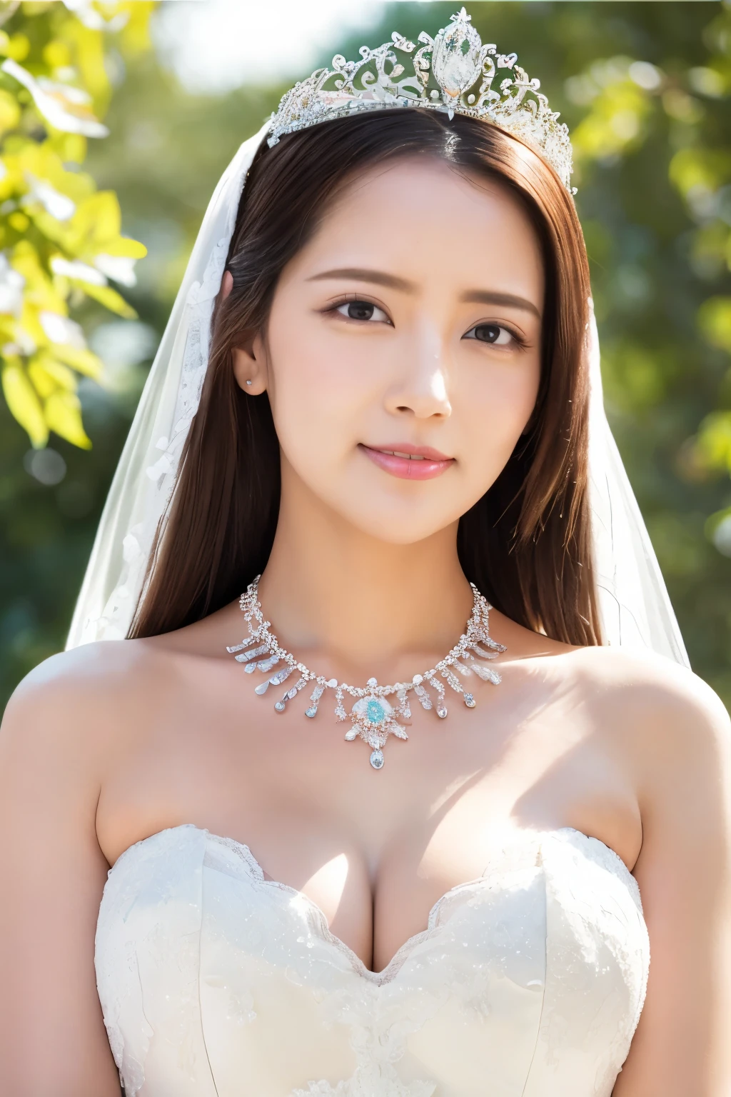 (Highest quality、Tabletop、8K、Best image quality、Award-winning works)、One beautiful bride、(alone:1.1)、(The most extravagant and gorgeous huge pure white wedding dress:1.2)、(Perfect Wedding Lace:1.2)、(The most gorgeous and luxurious giant tiara:1.3)、(The most extravagant and luxurious giant necklace:1.3)、The finest jewellery decoration、Perfect Makeup、Long eyelashes、Ultra HD Shining Eyes、Ultra HD Hair、Ultra-high resolution glossy lips、Super high resolution beautiful face、(Accurate anatomy:1.1)、Very bright and beautiful skin、very bright and vivid、Perfect beautiful bridal hairstyles、(Front facing body:1.1)、(The simplest solid color background:1.1)、(Voluptuous body:1.1)、(Large Breasts:1.1)、(Cleavage:1.1)