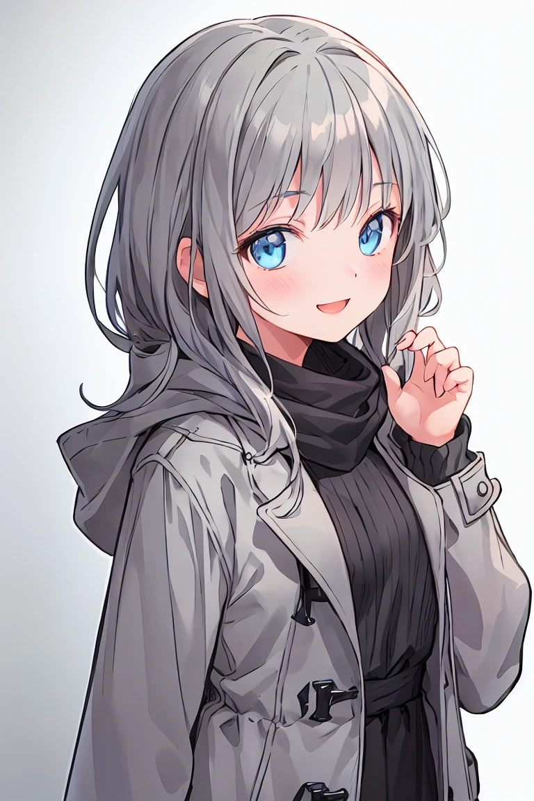 【Highest quality, Tabletop】 [girl, coat, A rich expression, blue eyes, positive, Brown Hair, walking, Upper Body] (Gray white background:1.7), Superlative smile，Unexpected Happiness，２０About the age，Grown-up